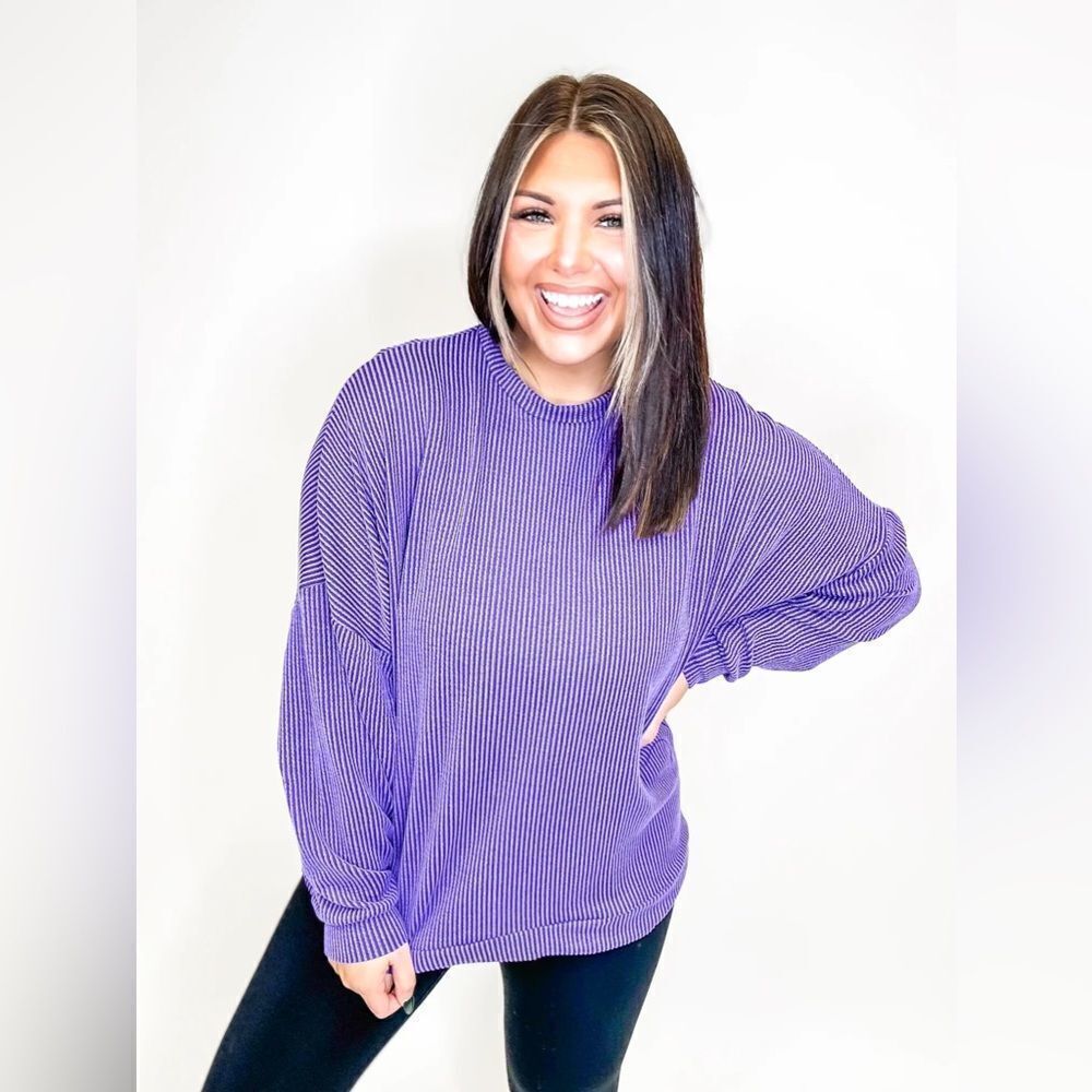 Macoma boutique corded ribbed eggplant pullover top xl